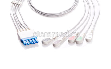 ЭКГ кабель отведений пациента 5 отведений, кнопка для Philips (Hewlett Packard) MP 20, MP 30, MP 50, MP 60, IE33, CX50, 43100A, 43110A, 43120A, 78352C, 78354C, 78834C, 862474 C3, М3046А, M2, M3, M4, M4735A, V24E, 50XM; NT3A; NT3A, NT3B, NT3C, NT3E, NT3F